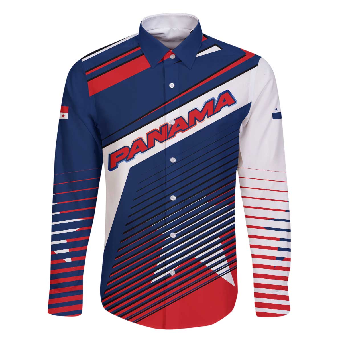 Panama Diagonal Stripe Design Family Matching Off The Shoulder Long Sleeve Dress and Hawaiian Shirt with Bold Red Blue Star and Flag Accents - Wonder Print Shop