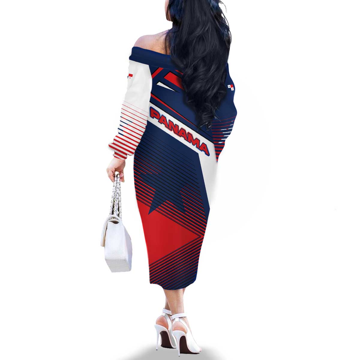 Panama Diagonal Stripe Design Family Matching Off The Shoulder Long Sleeve Dress and Hawaiian Shirt with Bold Red Blue Star and Flag Accents - Wonder Print Shop