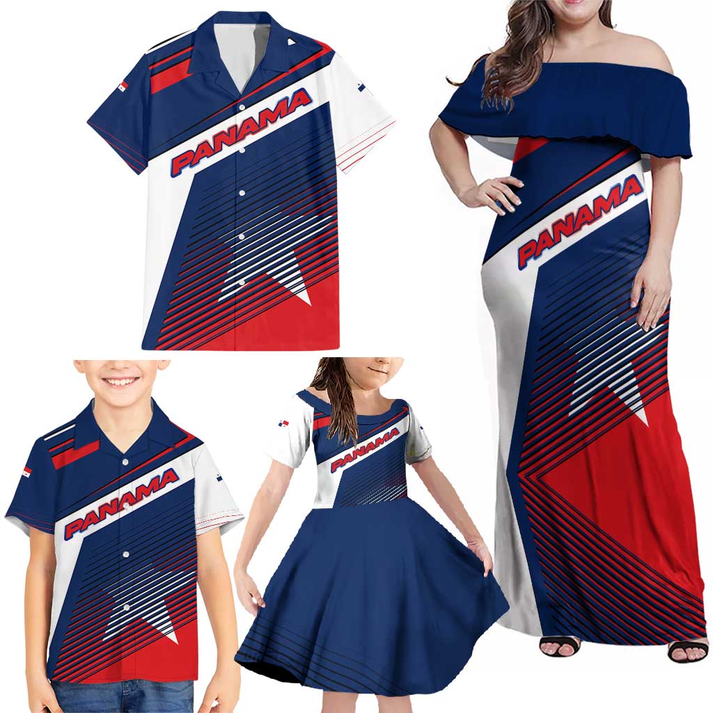 Panama Diagonal Stripe Design Family Matching Off Shoulder Maxi Dress and Hawaiian Shirt with Bold Red Blue Star and Flag Accents - Wonder Print Shop