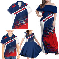 Panama Diagonal Stripe Design Family Matching Off Shoulder Maxi Dress and Hawaiian Shirt with Bold Red Blue Star and Flag Accents - Wonder Print Shop