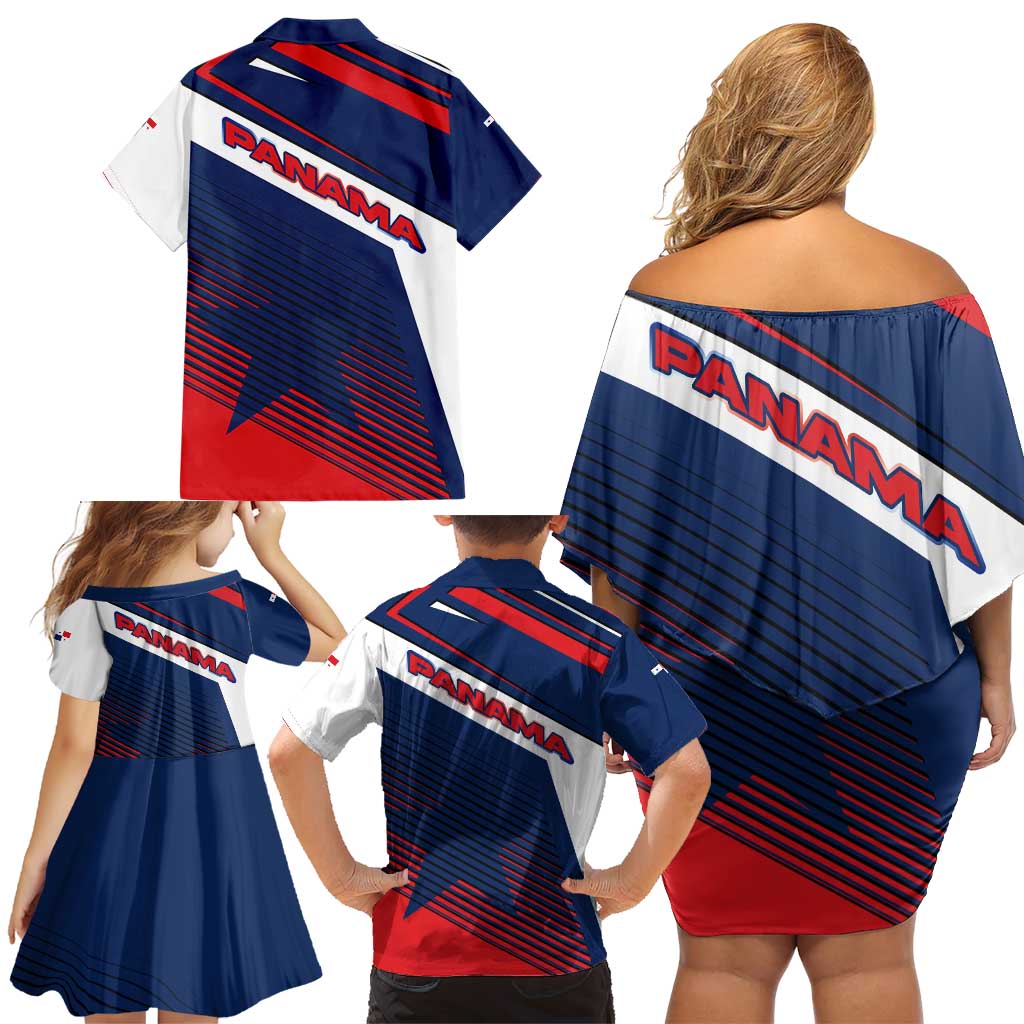 Panama Diagonal Stripe Design Family Matching Off Shoulder Short Dress and Hawaiian Shirt with Bold Red Blue Star and Flag Accents - Wonder Print Shop