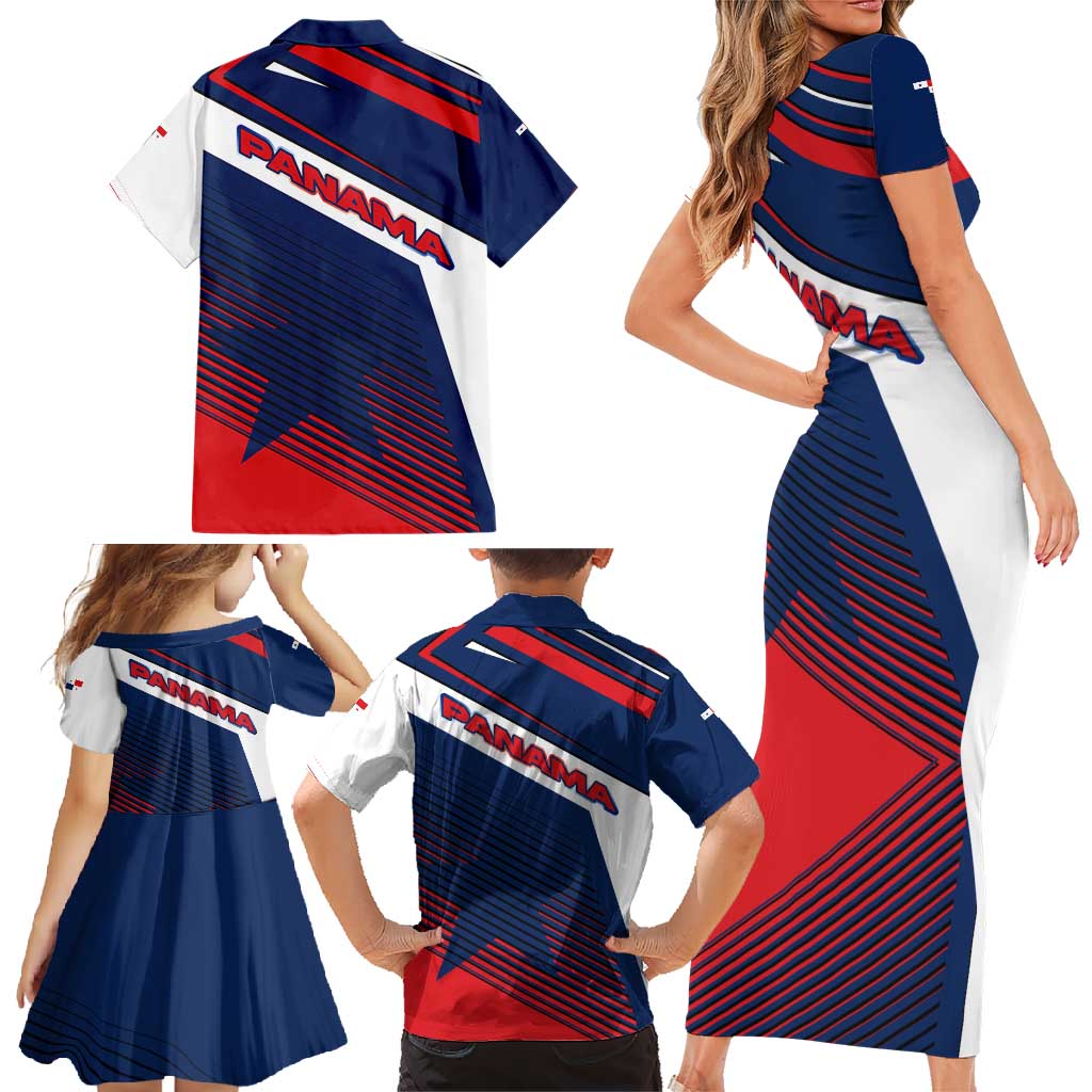 Panama Diagonal Stripe Design Family Matching Short Sleeve Bodycon Dress and Hawaiian Shirt with Bold Red Blue Star and Flag Accents - Wonder Print Shop