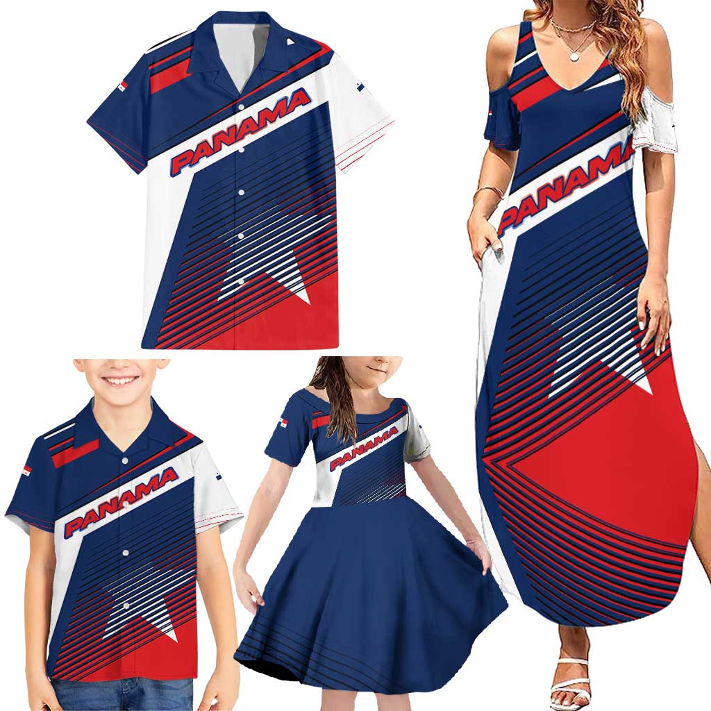 Panama Diagonal Stripe Design Family Matching Summer Maxi Dress and Hawaiian Shirt with Bold Red Blue Star and Flag Accents - Wonder Print Shop