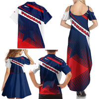Panama Diagonal Stripe Design Family Matching Summer Maxi Dress and Hawaiian Shirt with Bold Red Blue Star and Flag Accents - Wonder Print Shop