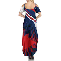 Panama Diagonal Stripe Design Family Matching Summer Maxi Dress and Hawaiian Shirt with Bold Red Blue Star and Flag Accents - Wonder Print Shop