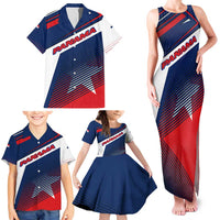 Panama Diagonal Stripe Design Family Matching Tank Maxi Dress and Hawaiian Shirt with Bold Red Blue Star and Flag Accents - Wonder Print Shop