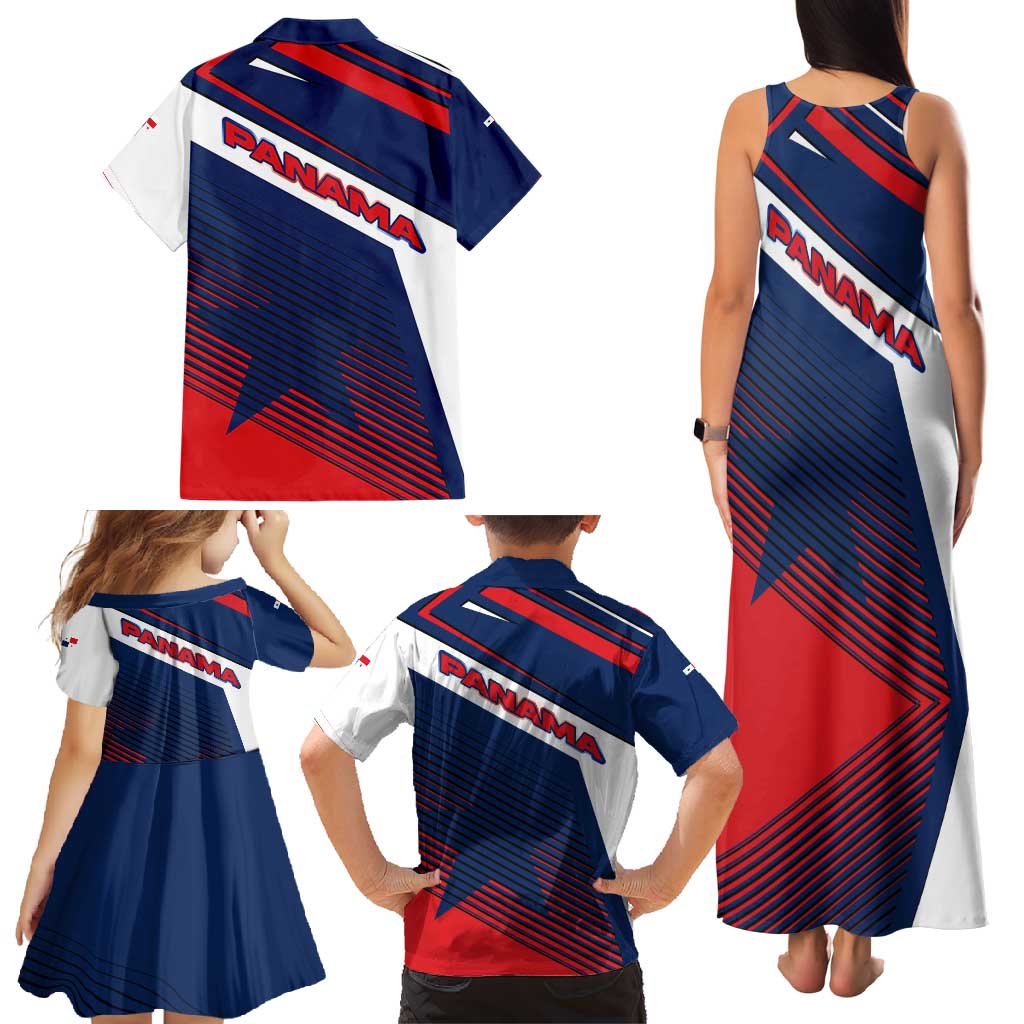 Panama Diagonal Stripe Design Family Matching Tank Maxi Dress and Hawaiian Shirt with Bold Red Blue Star and Flag Accents - Wonder Print Shop