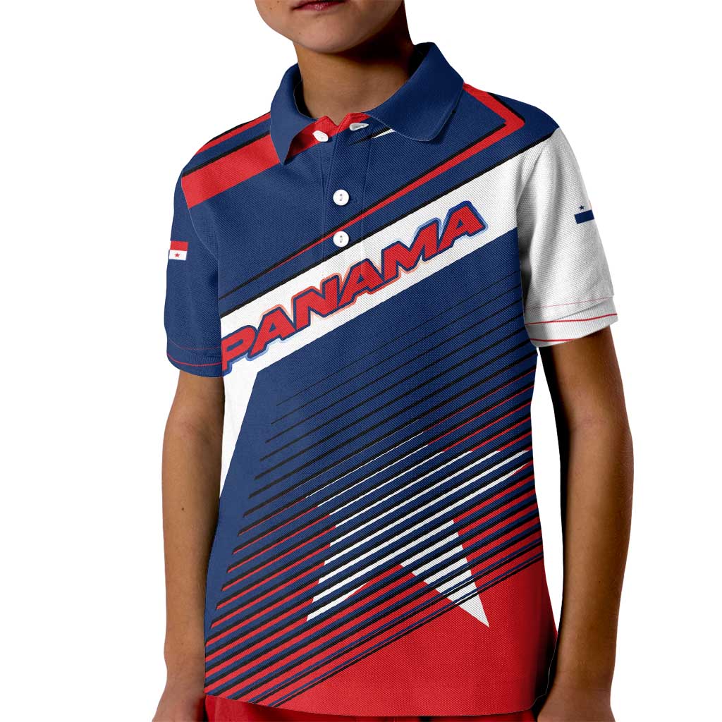 Panama Diagonal Stripe Design Kid Polo Shirt with Bold Red Blue Star and Flag Accents - Wonder Print Shop