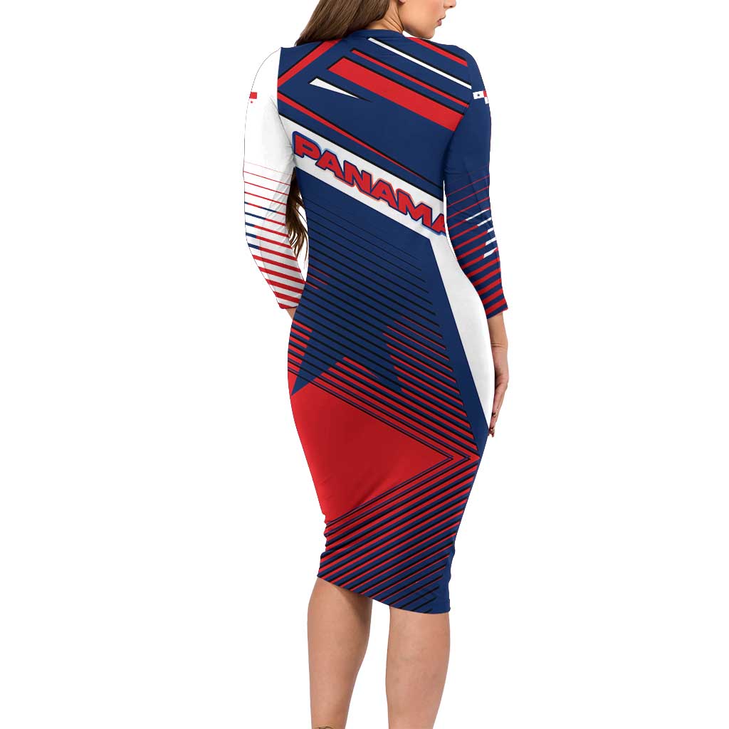 Panama Diagonal Stripe Design Long Sleeve Bodycon Dress with Bold Red Blue Star and Flag Accents - Wonder Print Shop