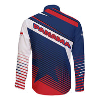 Panama Diagonal Stripe Design Long Sleeve Button Shirt with Bold Red Blue Star and Flag Accents - Wonder Print Shop