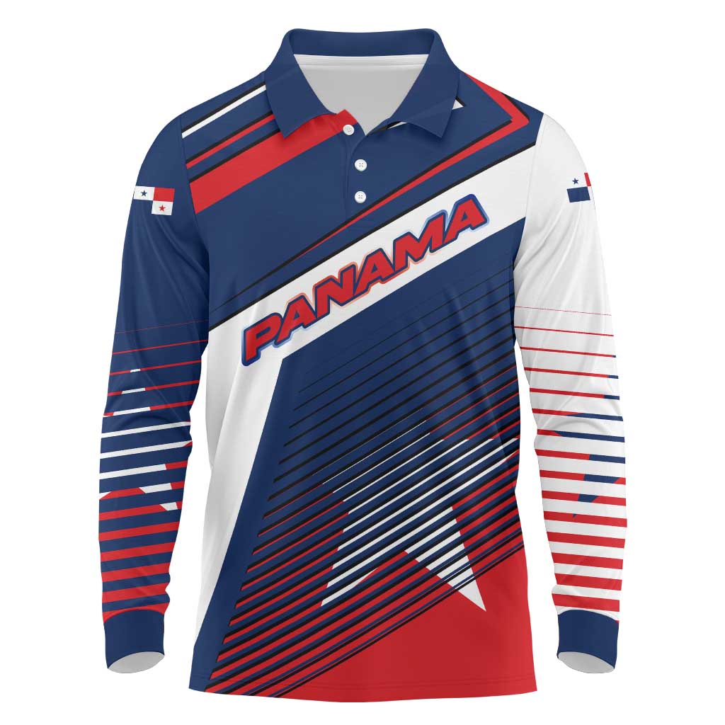 Panama Diagonal Stripe Design Long Sleeve Polo Shirt with Bold Red Blue Star and Flag Accents - Wonder Print Shop
