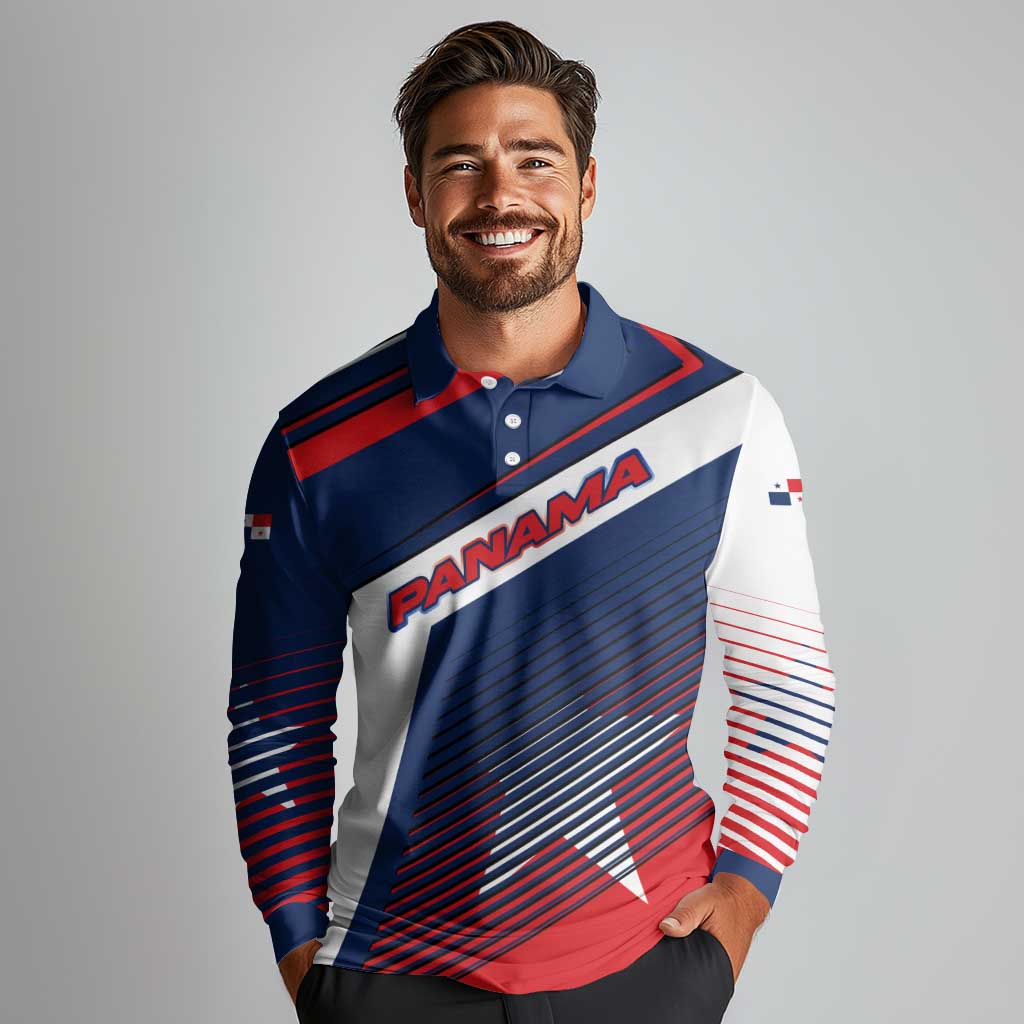 Panama Diagonal Stripe Design Long Sleeve Polo Shirt with Bold Red Blue Star and Flag Accents - Wonder Print Shop