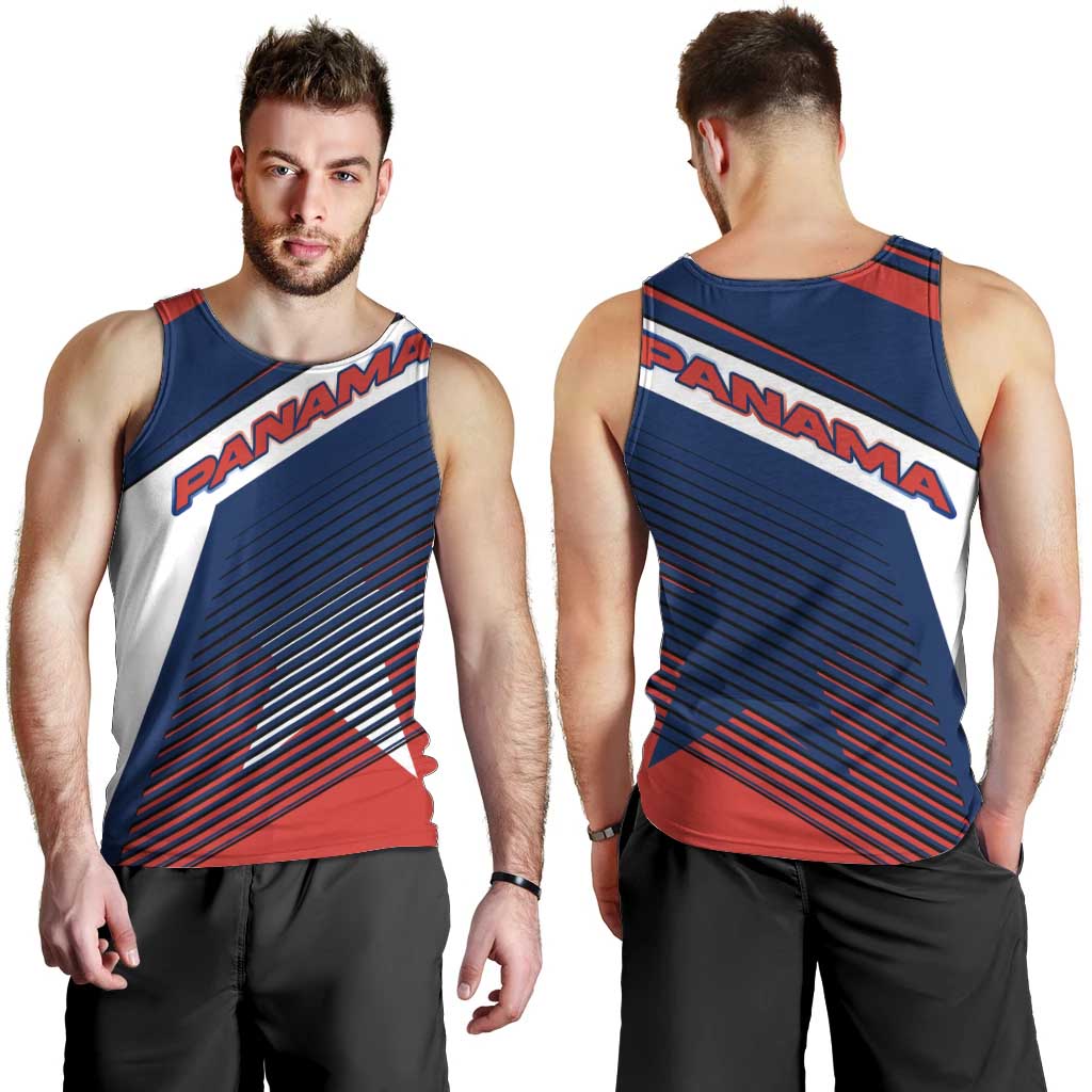 Panama Diagonal Stripe Design Men Tank Top with Bold Red Blue Star and Flag Accents - Wonder Print Shop