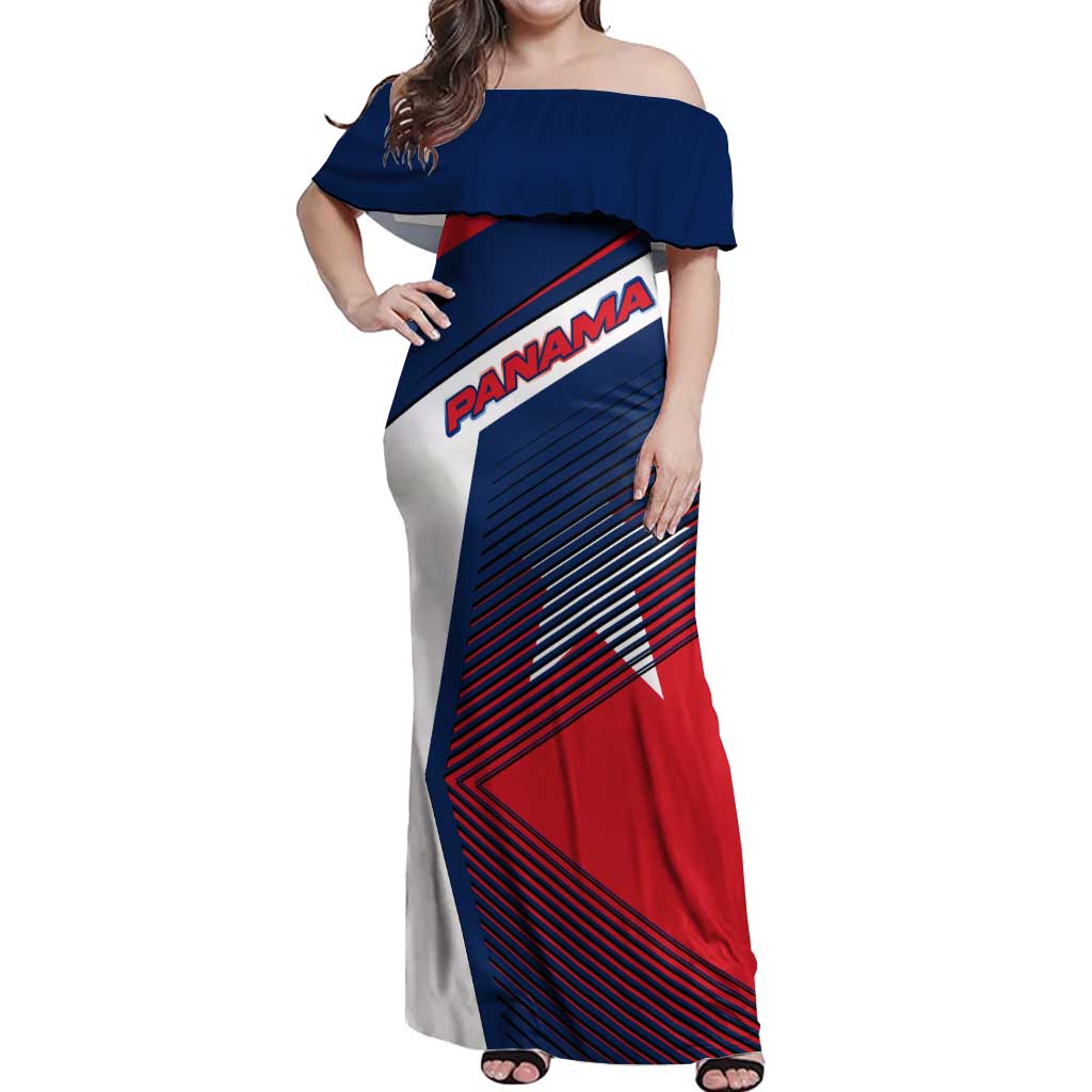 Panama Diagonal Stripe Design Off Shoulder Maxi Dress with Bold Red Blue Star and Flag Accents - Wonder Print Shop