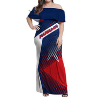 Panama Diagonal Stripe Design Off Shoulder Maxi Dress with Bold Red Blue Star and Flag Accents - Wonder Print Shop