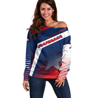 Panama Diagonal Stripe Design Off Shoulder Sweater with Bold Red Blue Star and Flag Accents - Wonder Print Shop