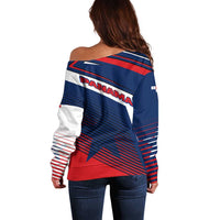 Panama Diagonal Stripe Design Off Shoulder Sweater with Bold Red Blue Star and Flag Accents - Wonder Print Shop