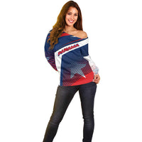 Panama Diagonal Stripe Design Off Shoulder Sweater with Bold Red Blue Star and Flag Accents - Wonder Print Shop