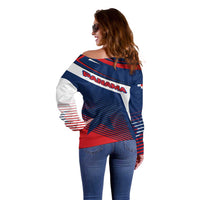 Panama Diagonal Stripe Design Off Shoulder Sweater with Bold Red Blue Star and Flag Accents - Wonder Print Shop