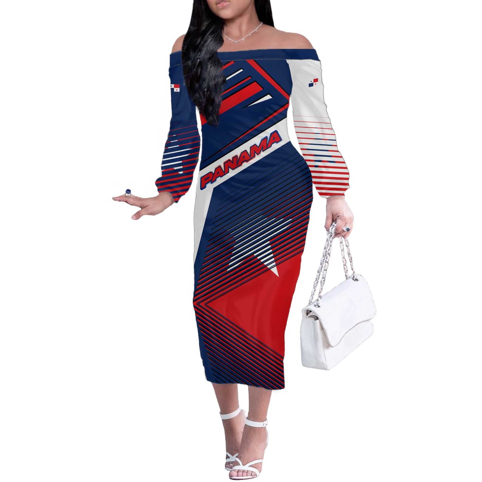 Panama Diagonal Stripe Design Off The Shoulder Long Sleeve Dress with Bold Red Blue Star and Flag Accents - Wonder Print Shop