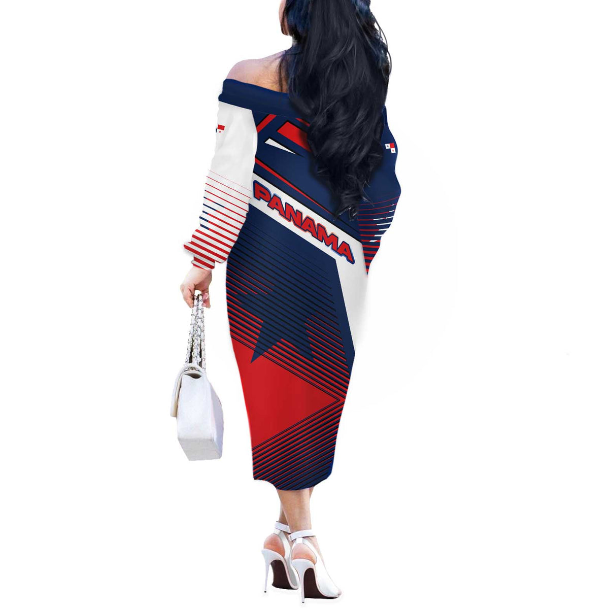 Panama Diagonal Stripe Design Off The Shoulder Long Sleeve Dress with Bold Red Blue Star and Flag Accents - Wonder Print Shop