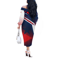 Panama Diagonal Stripe Design Off The Shoulder Long Sleeve Dress with Bold Red Blue Star and Flag Accents - Wonder Print Shop