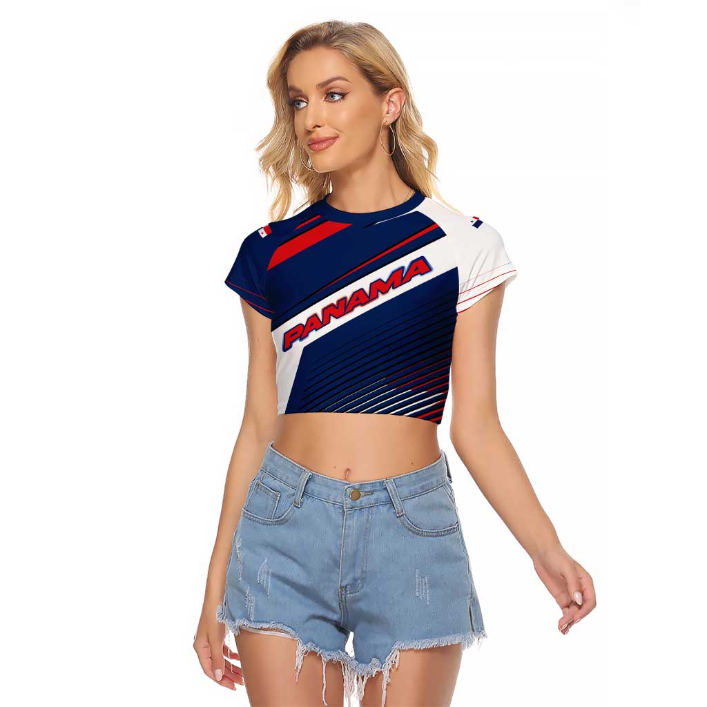 Panama Diagonal Stripe Design Raglan Cropped T Shirt with Bold Red Blue Star and Flag Accents - Wonder Print Shop