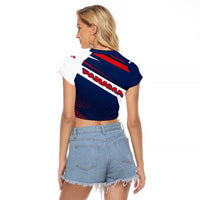 Panama Diagonal Stripe Design Raglan Cropped T Shirt with Bold Red Blue Star and Flag Accents - Wonder Print Shop