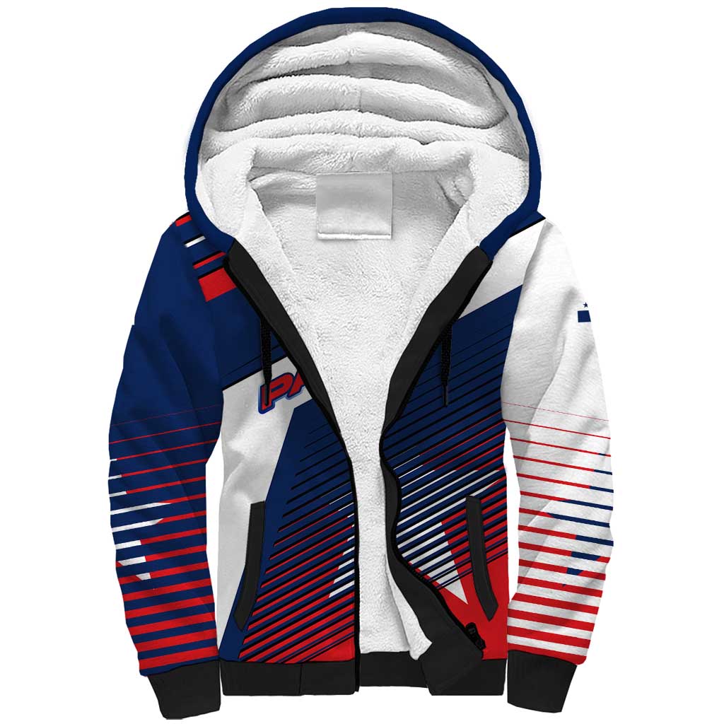 Panama Diagonal Stripe Design Sherpa Hoodie with Bold Red Blue Star and Flag Accents - Wonder Print Shop