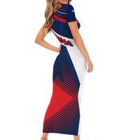Panama Diagonal Stripe Design Short Sleeve Bodycon Dress with Bold Red Blue Star and Flag Accents - Wonder Print Shop