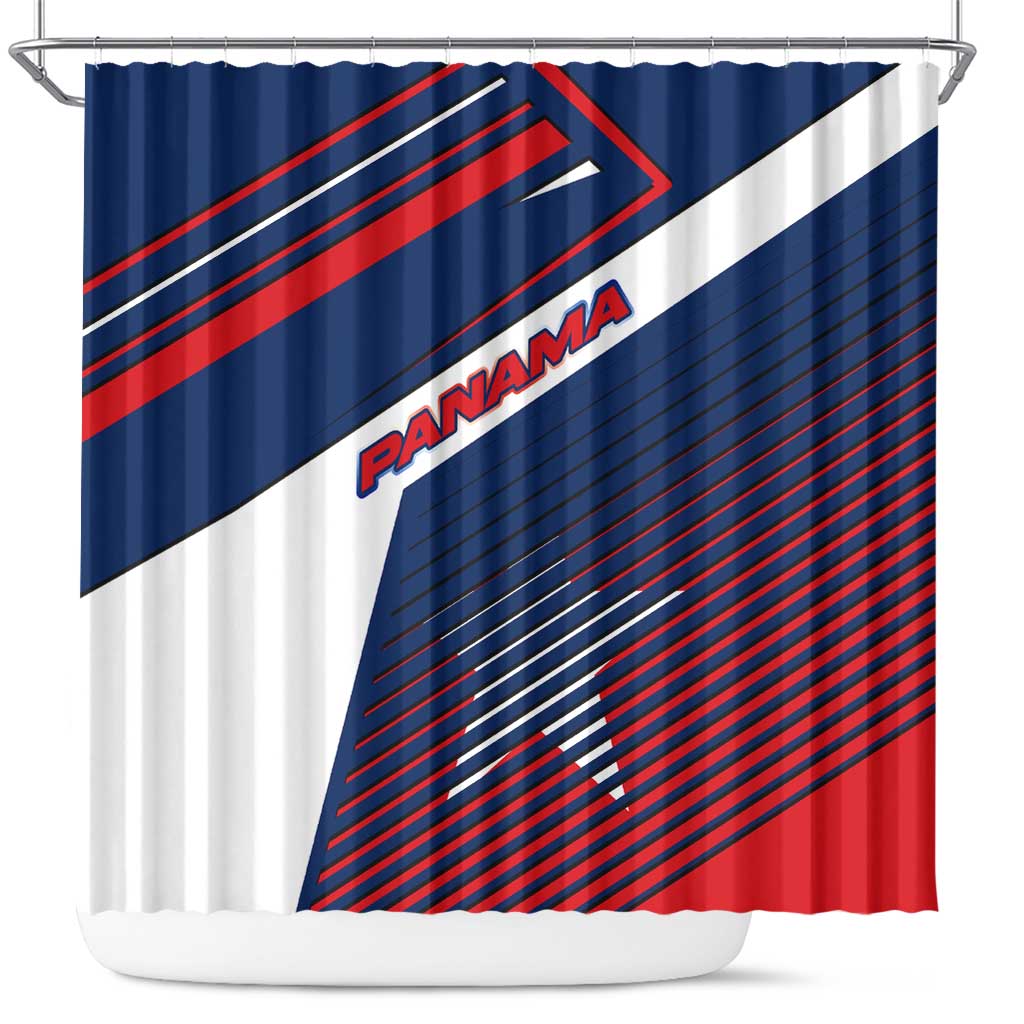 Panama Diagonal Stripe Design Shower Curtain with Bold Red Blue Star and Flag Accents - Wonder Print Shop