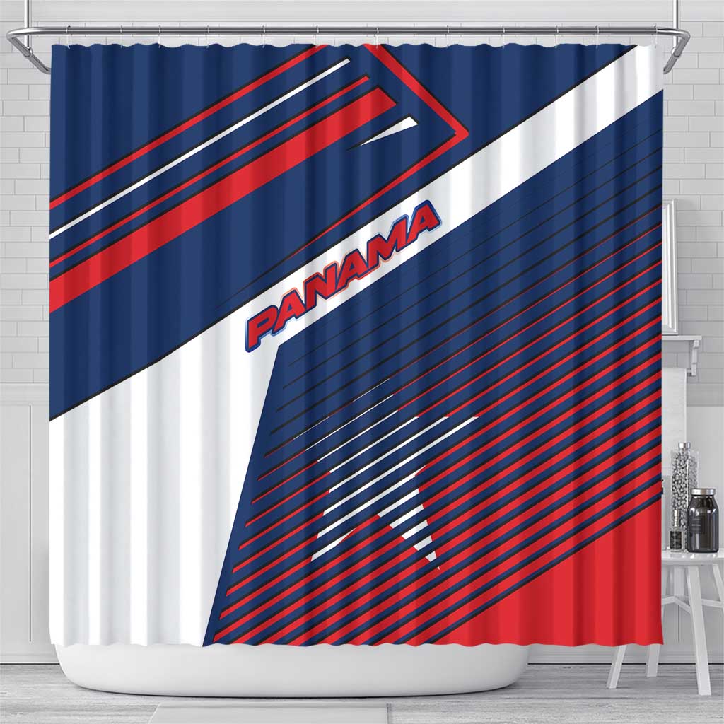 Panama Diagonal Stripe Design Shower Curtain with Bold Red Blue Star and Flag Accents - Wonder Print Shop