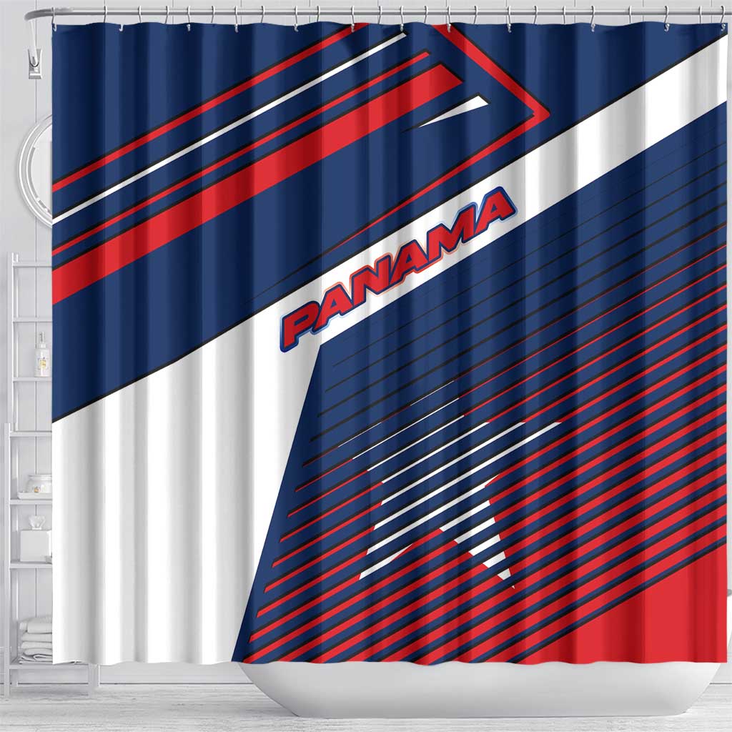 Panama Diagonal Stripe Design Shower Curtain with Bold Red Blue Star and Flag Accents - Wonder Print Shop