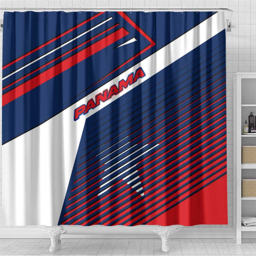 Panama Diagonal Stripe Design Shower Curtain with Bold Red Blue Star and Flag Accents - Wonder Print Shop