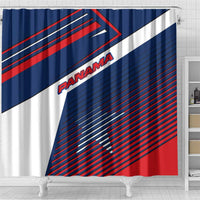 Panama Diagonal Stripe Design Shower Curtain with Bold Red Blue Star and Flag Accents - Wonder Print Shop