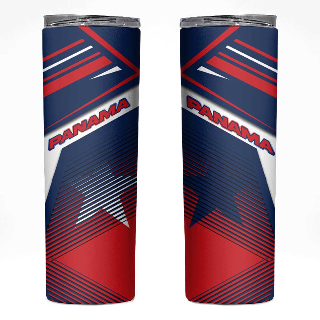 Panama Diagonal Stripe Design Skinny Tumbler with Bold Red Blue Star and Flag Accents - Wonder Print Shop