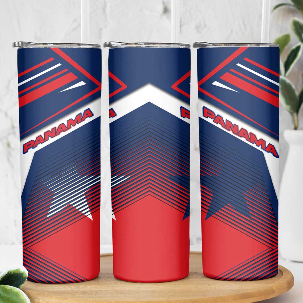 Panama Diagonal Stripe Design Skinny Tumbler with Bold Red Blue Star and Flag Accents - Wonder Print Shop