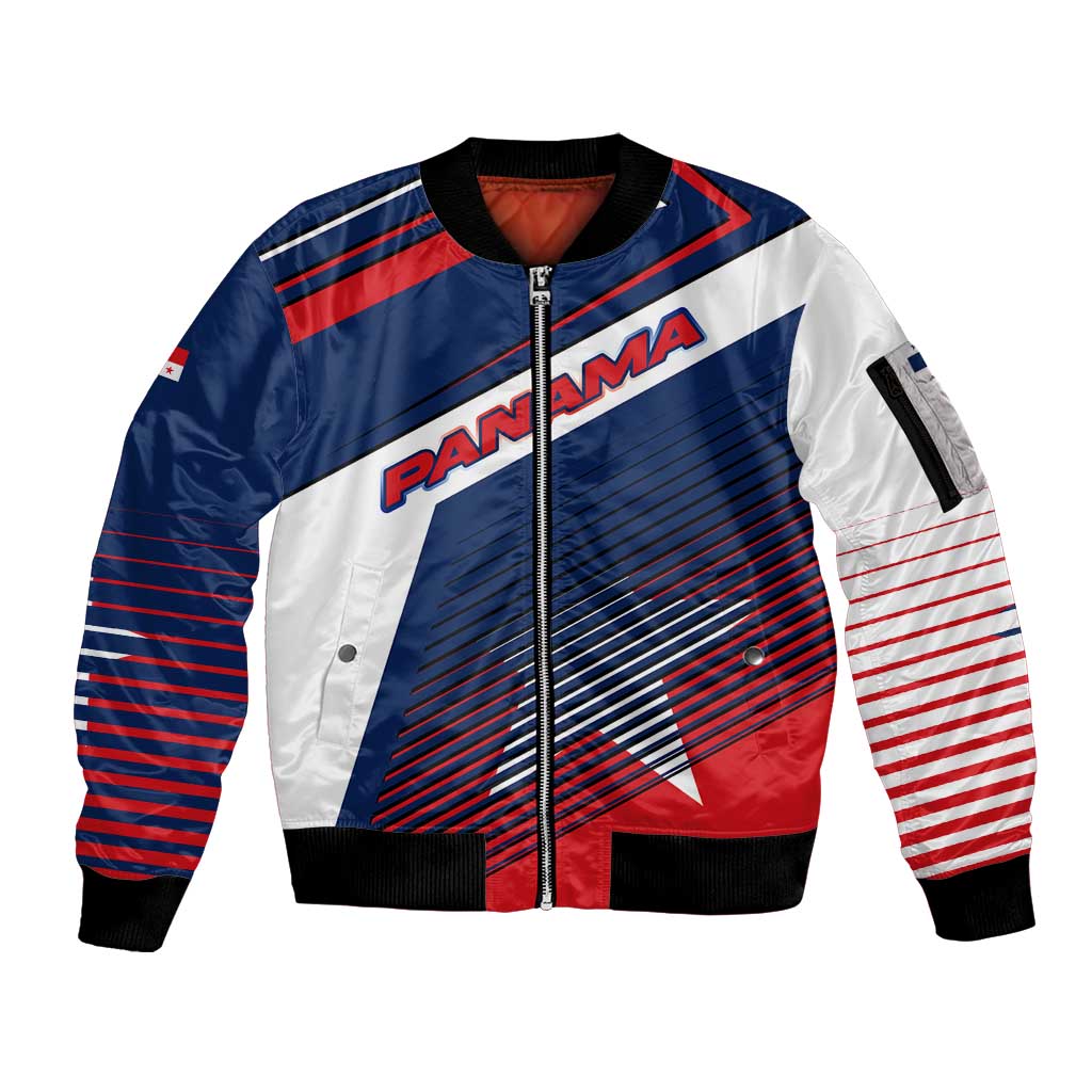 Panama Diagonal Stripe Design Sleeve Zip Bomber Jacket with Bold Red Blue Star and Flag Accents - Wonder Print Shop