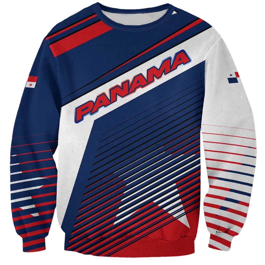 Panama Diagonal Stripe Design Sweatshirt with Bold Red Blue Star and Flag Accents - Wonder Print Shop