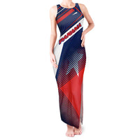 Panama Diagonal Stripe Design Tank Maxi Dress with Bold Red Blue Star and Flag Accents - Wonder Print Shop