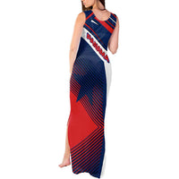 Panama Diagonal Stripe Design Tank Maxi Dress with Bold Red Blue Star and Flag Accents - Wonder Print Shop