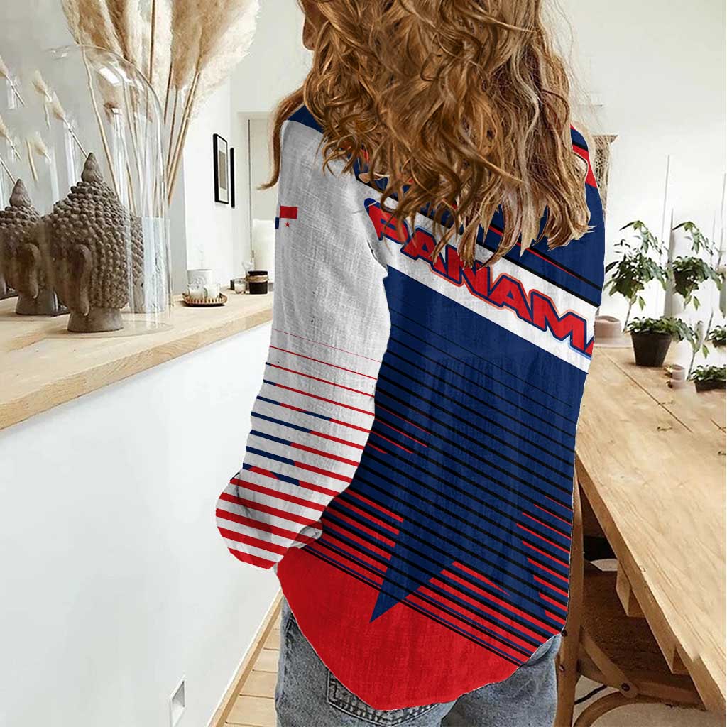 Panama Diagonal Stripe Design Women Casual Shirt with Bold Red Blue Star and Flag Accents - Wonder Print Shop