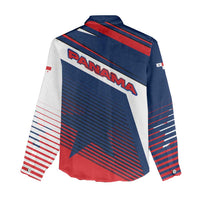 Panama Diagonal Stripe Design Women Casual Shirt with Bold Red Blue Star and Flag Accents - Wonder Print Shop