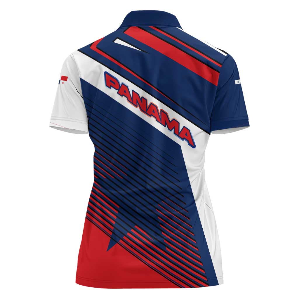 Panama Diagonal Stripe Design Women Polo Shirt with Bold Red Blue Star and Flag Accents - Wonder Print Shop