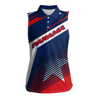 Panama Diagonal Stripe Design Women Sleeveless Polo Shirt with Bold Red Blue Star and Flag Accents - Wonder Print Shop