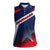 Panama Diagonal Stripe Design Women Sleeveless Polo Shirt with Bold Red Blue Star and Flag Accents - Wonder Print Shop