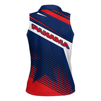 Panama Diagonal Stripe Design Women Sleeveless Polo Shirt with Bold Red Blue Star and Flag Accents - Wonder Print Shop