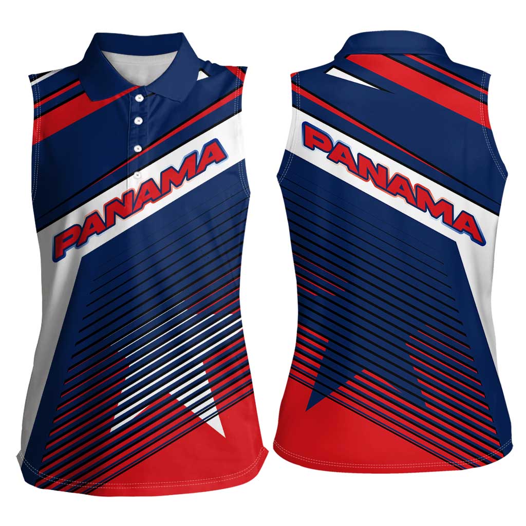 Panama Diagonal Stripe Design Women Sleeveless Polo Shirt with Bold Red Blue Star and Flag Accents - Wonder Print Shop