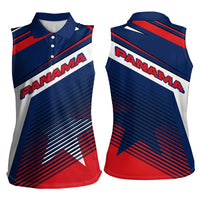Panama Diagonal Stripe Design Women Sleeveless Polo Shirt with Bold Red Blue Star and Flag Accents - Wonder Print Shop
