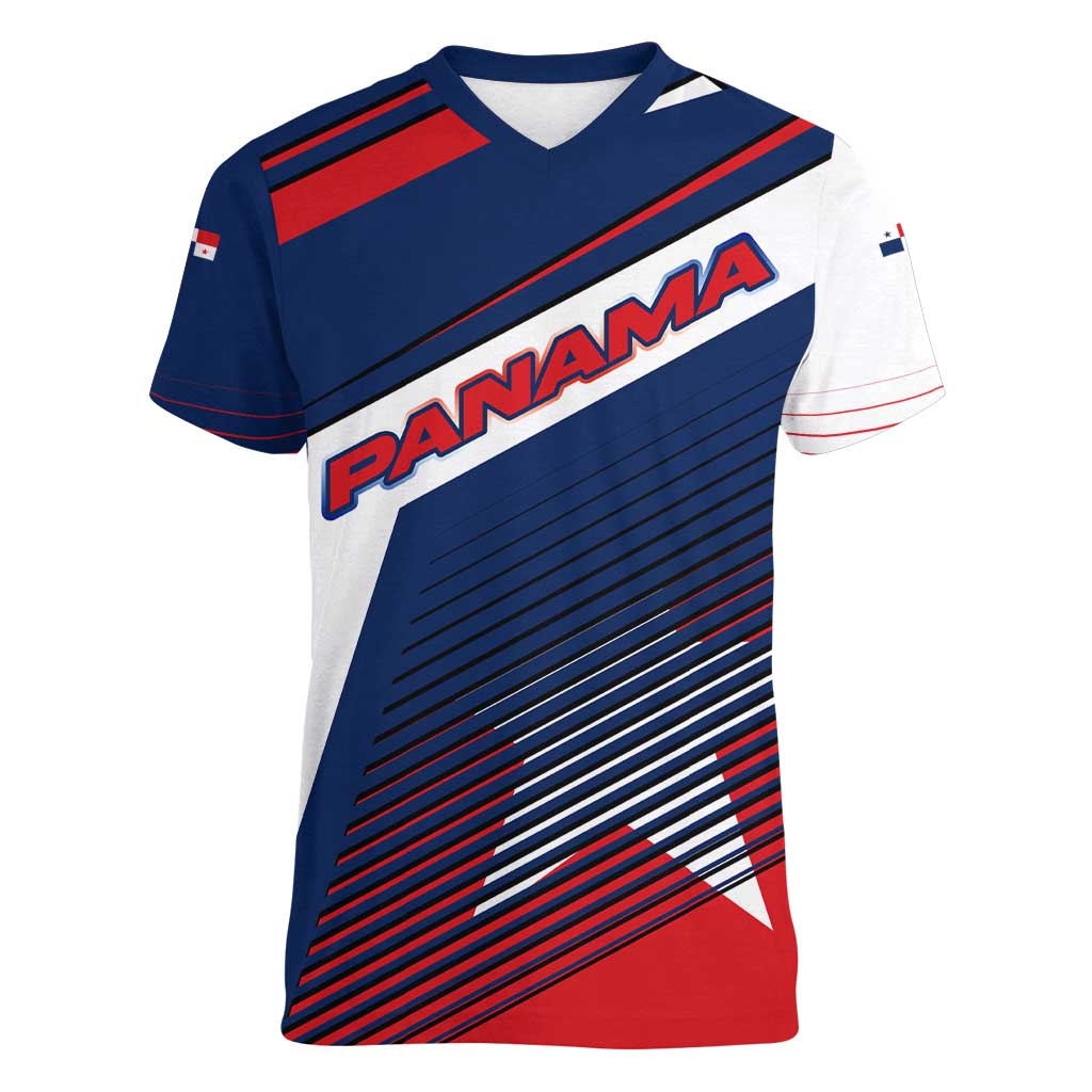 Panama Diagonal Stripe Design Women V-Neck T-Shirt with Bold Red Blue Star and Flag Accents - Wonder Print Shop